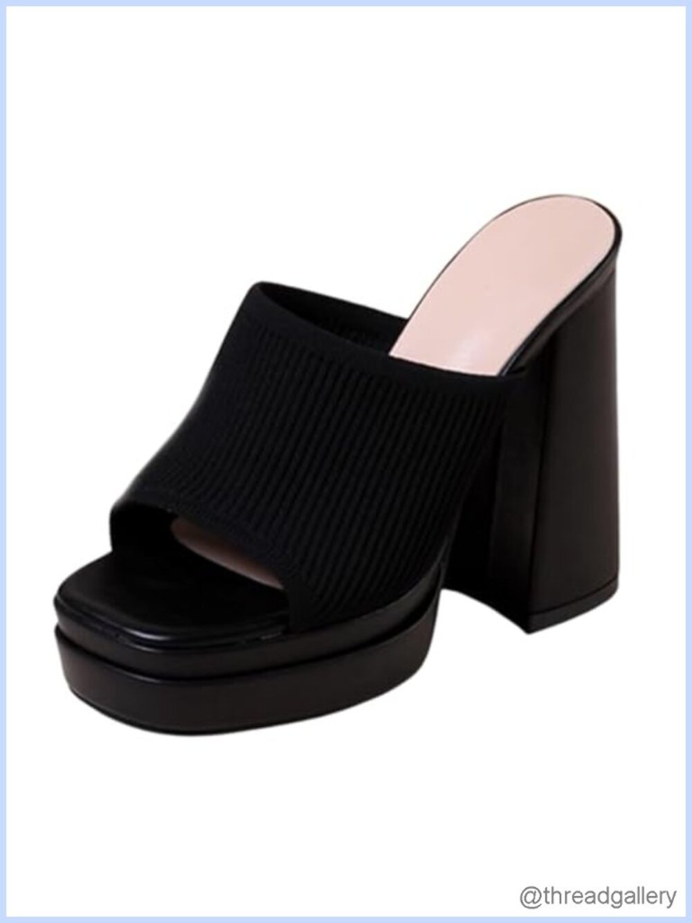 Women's Stretch Knit Platform Chunky Heel Square Open Toe Slip-On Sandals